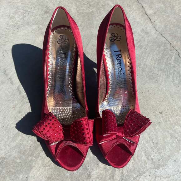 J. Reneé Ruby Red Rhinestone Bow Peep Toe Pumps - Picture 2 of 9
